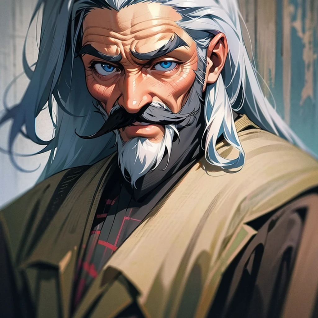 Old man, gruff, suit, in a study, blue eyes, stern looking, sideburns, mustache, grey hair