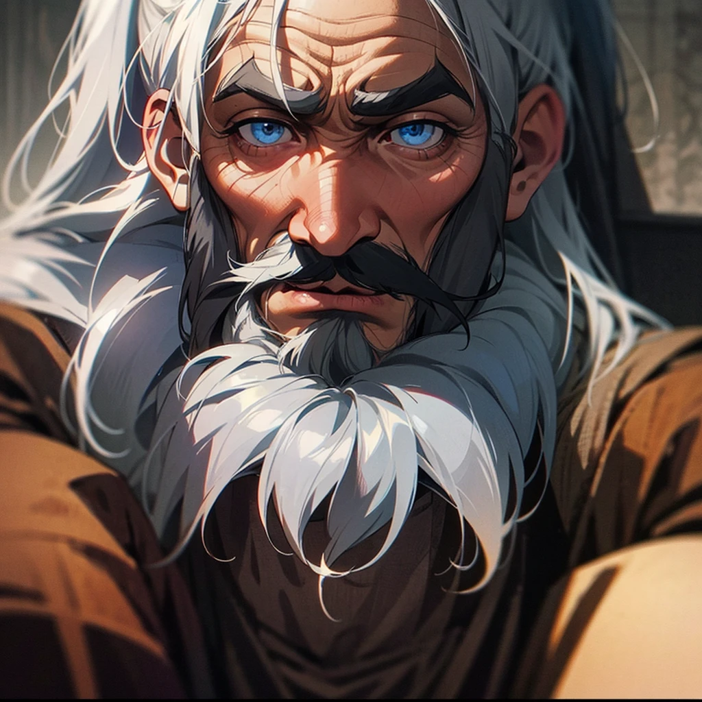 Old man, gruff, suit, in a study, blue eyes, stern looking, sideburns, mustache, grey hair