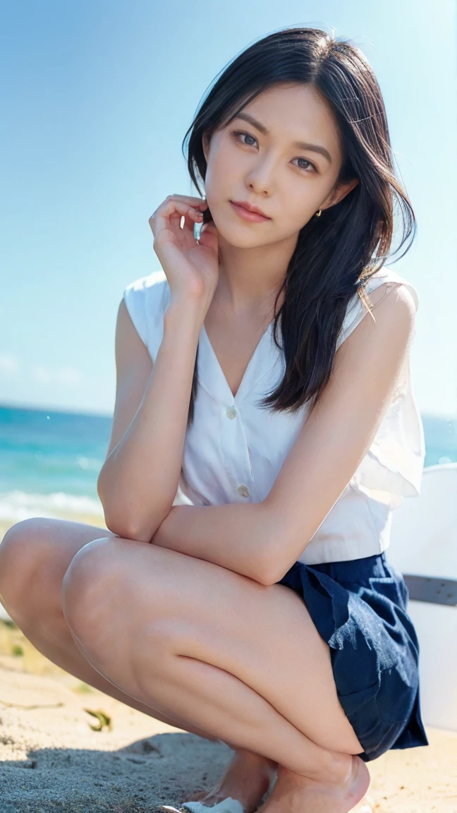 (((Top-down configuration:1.33)))、((No underwear:1.55))、One Girl、Beautiful and detailed eyes and face、barefoot、20 year old cute Japan woman, ((Extremely precise and accurate ???????:1.0)), (photo Realistic:1.4), (hyper Realistic:1.4), (最高品質のRealisticな肌の質感:1.4), (Improvement of quality:1.4), (Enhances the beauty of skin texture:1.1), Clean and glowing skin, mesh, thin:1.2, (Realistic:1.3), Realisticなライティング, (Smoother lighting:1.05), (Improving the quality of cinema lighting:0.9), Backlight, A gentle light for your face, Ray Tracing, (Bright light:1.2), 32k, One Japanese woman, fine grain, Detailed face, (Film Grain:1.1),(Accentuates body lines:1.1), High resolution, Natural look, Kind eyes, Improves hair quality, Delicate light and shadow, Transparent muscles, Graceful pose, Beautiful Eyes, Sharp details, Soft light reflection, Beautiful contours, Delicate skin tone, Fine hair texture, Natural background, (((sunny day、Beach、A strong wind is blowing、Her hair and skirt are flying、Squat, Traditional navy blue sailor uniform、Open shirt、Pleated skirt、Scooping seawater with hands:1.25、splash、Sandy Beach、Light of the sun、clear blue sea、The waves crash quietly、Blue sky and white clouds、green mountain々、Beautiful Nature、The joy of youth)))、
