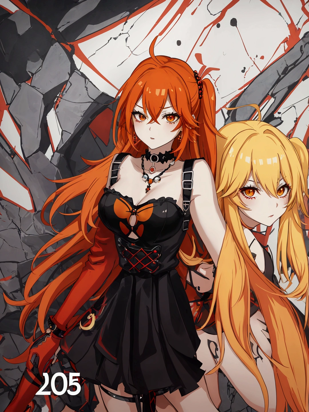 Anime girl in red, orange and black suspender skirt in front of graffiti wall, 25 years old，long hair anime girl, She has long orange-yellow hair., Attractive anime girl,Bare arms，Bare arms，Bare legs，Black necklace，Front view，First Perspective，high quality，16K，Exciting appearance，very clearly，Exquisite mature facial，Royal sister，Simple black suspender skirt，Alone，Standing front
