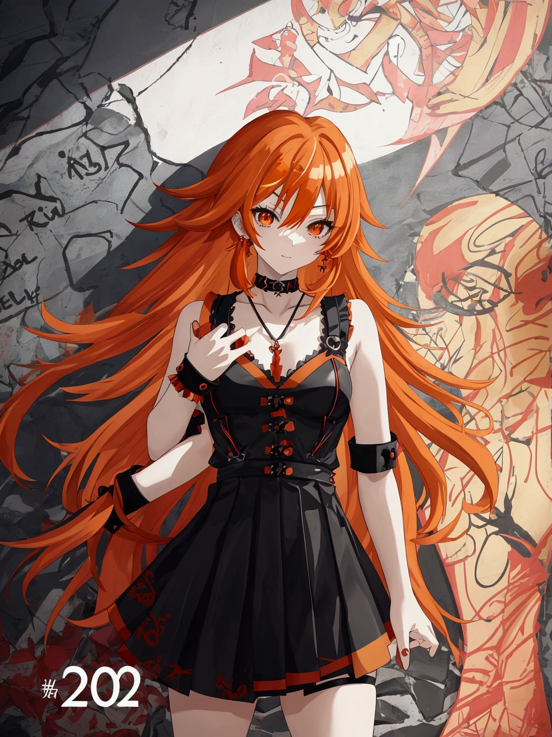 Anime girl in red, orange and black suspender skirt in front of graffiti wall, 25 years old,long hair anime girl, She has long orange-yellow hair., Attractive anime girl,Bare arms,Bare arms,Bare legs,Black necklace,Front view,First Perspective,high quality,16K,Exciting appearance,very clearly,Exquisite mature facial,Royal sister,Simple black suspender skirt,Alone,Standing front