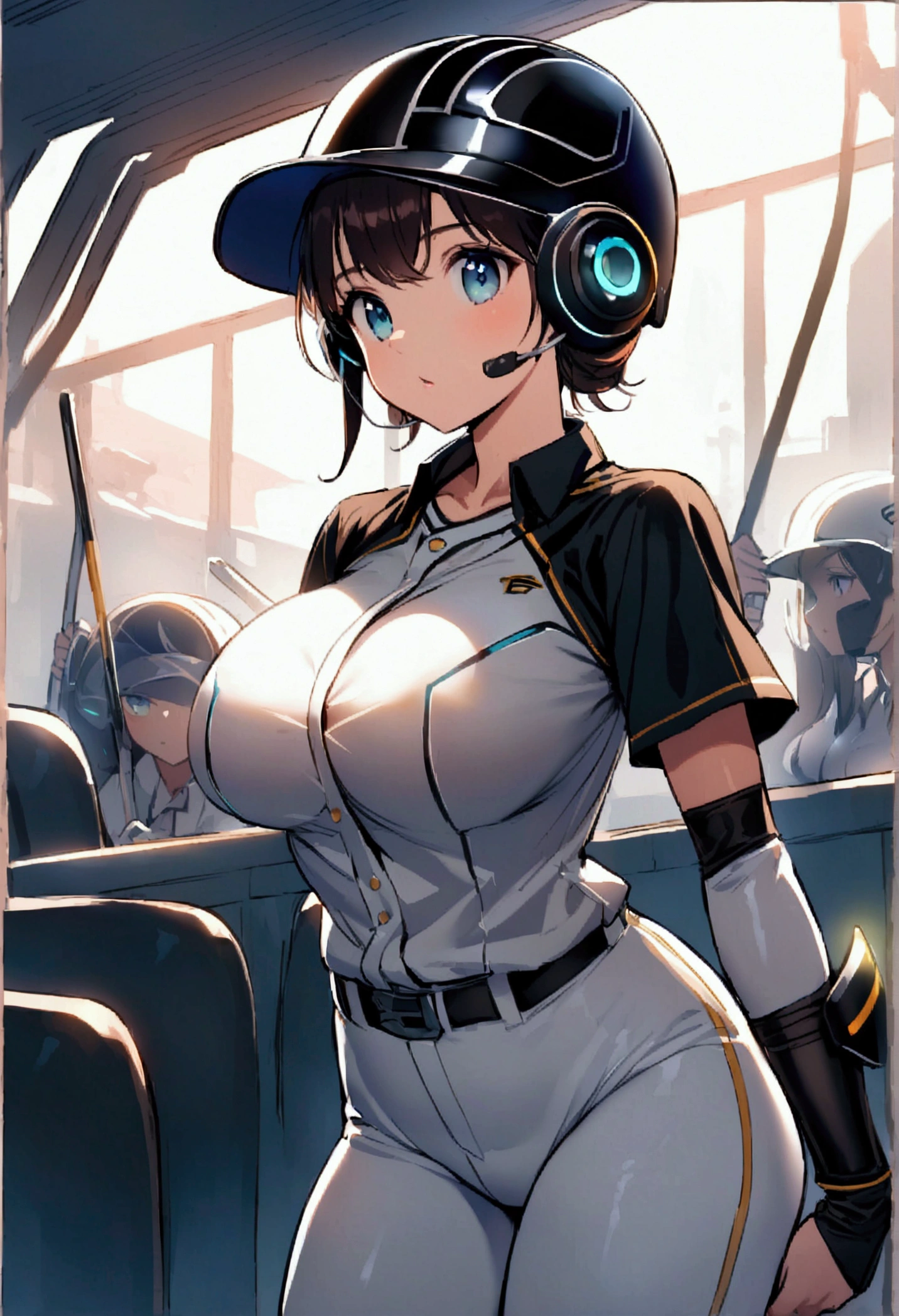 Future female baseball players, The baseball uniform of the future will be form-fitting with elbow and knee protectors, text on her chest of shirt is "Tigers",(button gap:-1), tight fitted long pants, knee pad, elbow pad, Baseball helmet with decorative lettering "T", big covered breasts, dynamic pose, action, baseball diamond background,