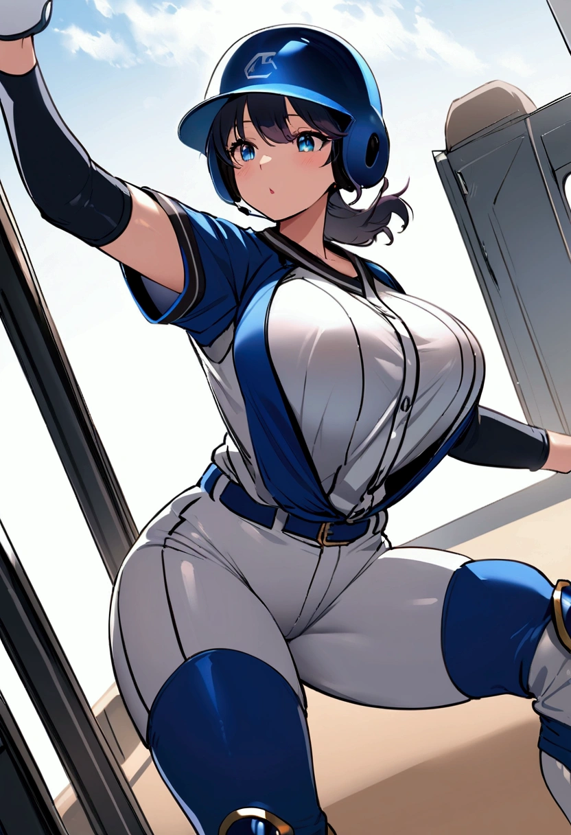 Future female baseball players, The baseball uniform of the future will be form-fitting with elbow and knee protectors, text on her chest of shirt is "Tigers",(button gap:-1), tight fitted long pants, knee pad, elbow pad, Baseball helmet with decorative lettering "T", big covered breasts, dynamic pose, action, baseball diamond background,