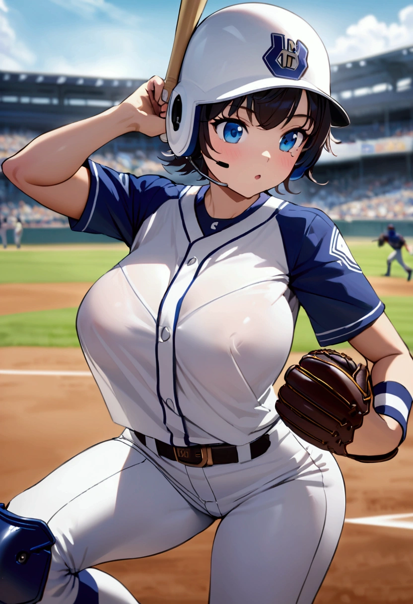 Future female baseball players, The baseball uniform of the future will be form-fitting with elbow and knee protectors, text on her chest of shirt is "Tigers",(button gap:-1), tight fitted long pants, knee pad, elbow pad, Baseball helmet with decorative lettering "T", big covered breasts, dynamic pose, action, baseball diamond background,