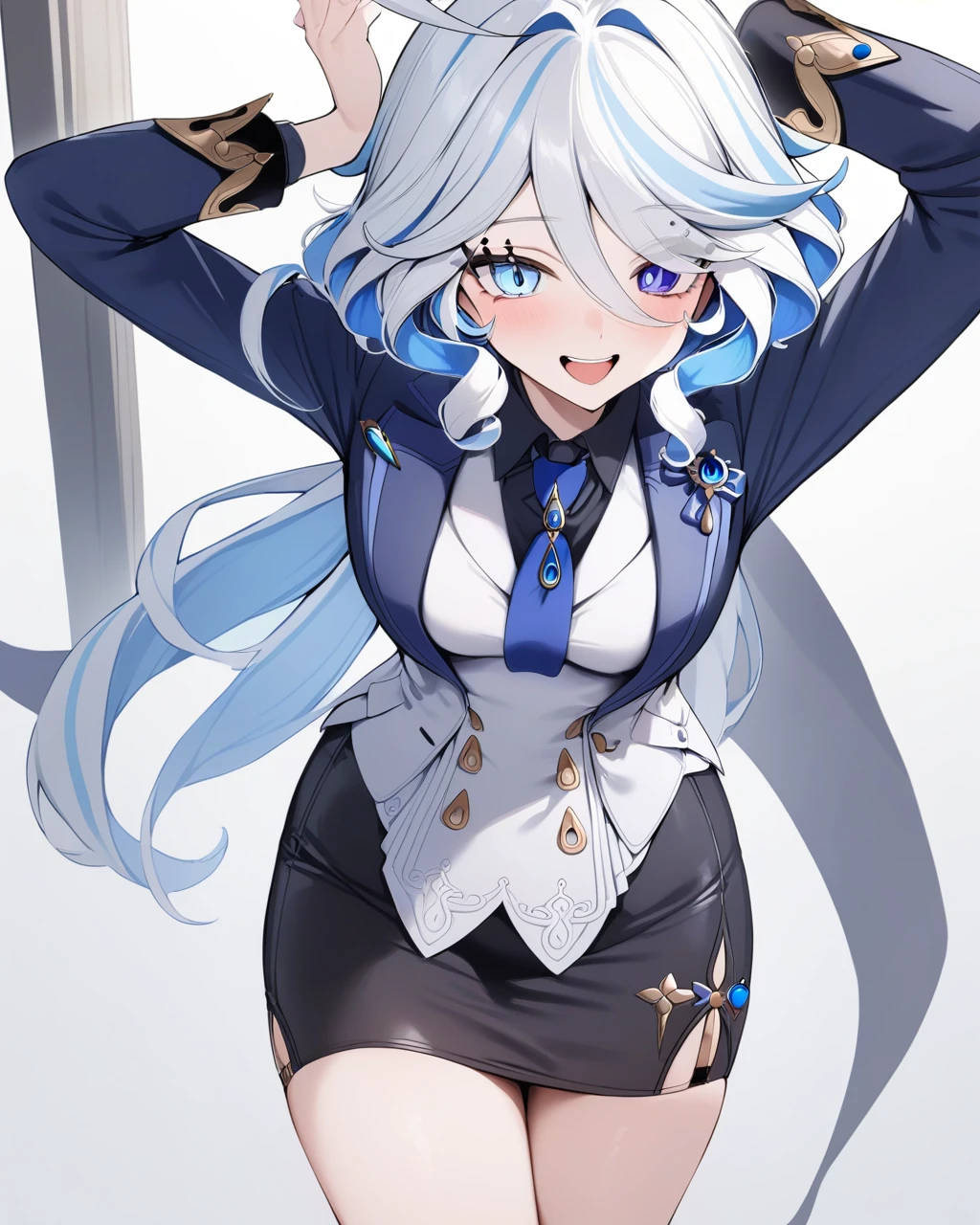 masterpiece,best quality,1girl, furina \(genshin impact\), genshin impact, cowlick, blue jacket, simple background, open mouth, streaked hair, upper teeth only, solo, long hair, light blue hair, white background, smile, white hair, ahoge, long sleeves, hair between eyes, (((skirt suit))), (((three-piece suit))), (((dark dress shirt))), (((necktie))), (((blazer))), (((black lapel))), (((suit jacket))), ((white waistcoat)), double-breasted waistcoat, (((bodycon pencil skirt))), pocket square, cufflinks, tie clip , tailored suit,