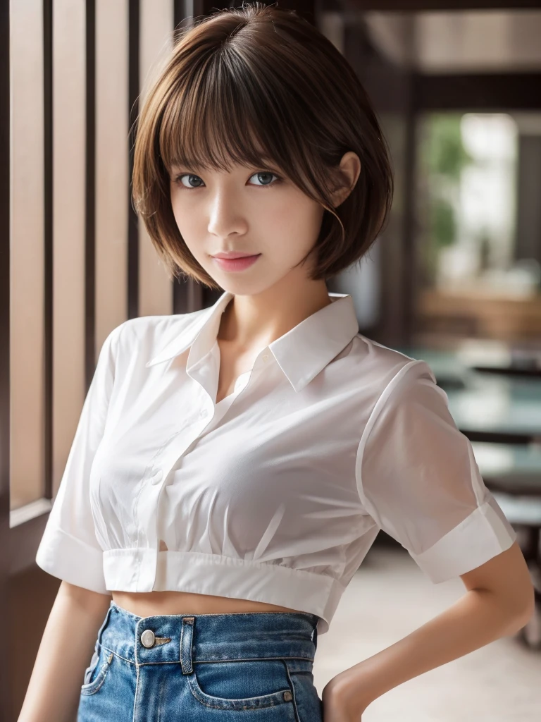 ((Highest quality、In 8K、masterpiece:1.3))、Sharp focus:1.2、Beautiful woman perfect body:1.4、Slim Abs:1.2、((Short Hair:1.2))、(trendy fashion in tokyo、shirt:1.1)、Indoor single color、Wet body:1.5、Three-dimensional texture、Detailed eyes、(Brown Hair、Black Hair:1.2)、Very shiny hair、Backward view、Hair quality improvement、Handsome short、Short-haired blonde。