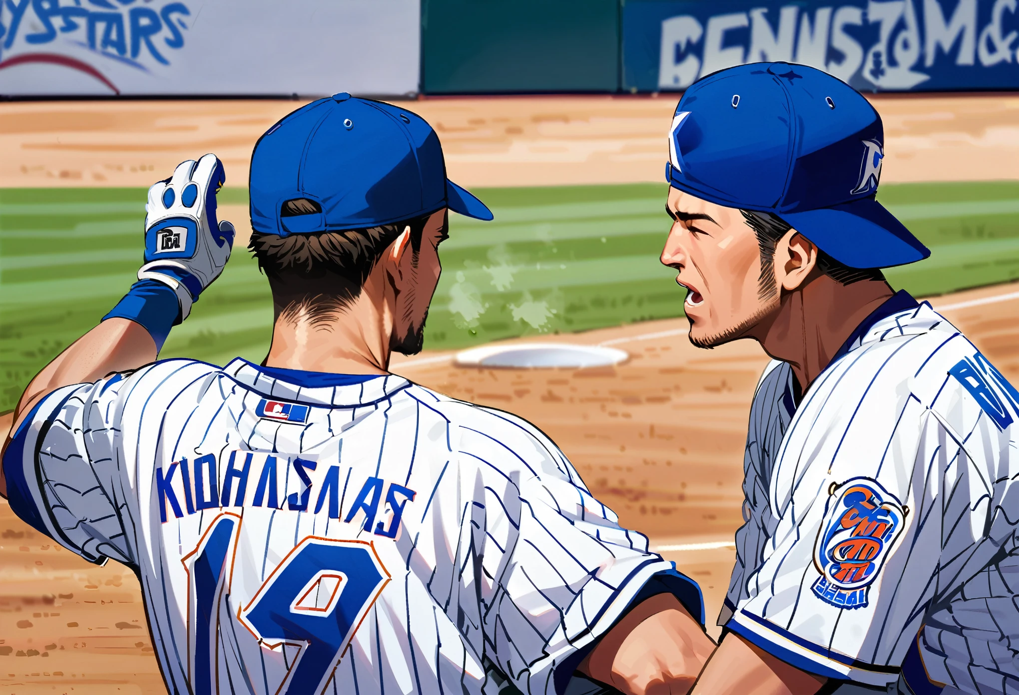 Pro baseball player, Yokohama DeNA Baystars, Blue and white baseball uniforms, A heated match, Batter&#39;s swing, Sharp Eyes, Accurate batting, The ball flies in an arc, Stadium frenzy, Back screen and scoreboard, Cheering squad in the audience, Lively atmosphere, ((Realistic, Anime illustration)), (Highest quality:1.2, Very detailed, Ultra-high resolution, High Detail, masterpiece:1.2, Best aesthetics).