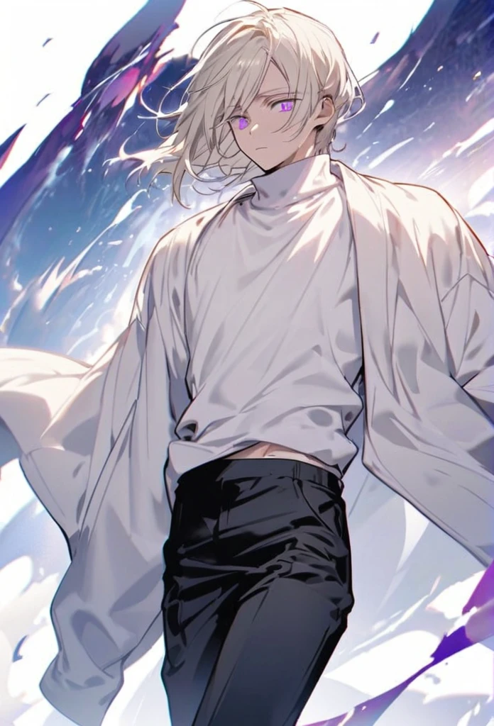is a tall young man with a lean muscular build, with fair skin, thin, rectangular bright purple eyes, and white pupils. He also had long platinum blond hair just past his shoulders, worn and swept away from his face. he wears a loose white sweater along with black pants and black shoes.