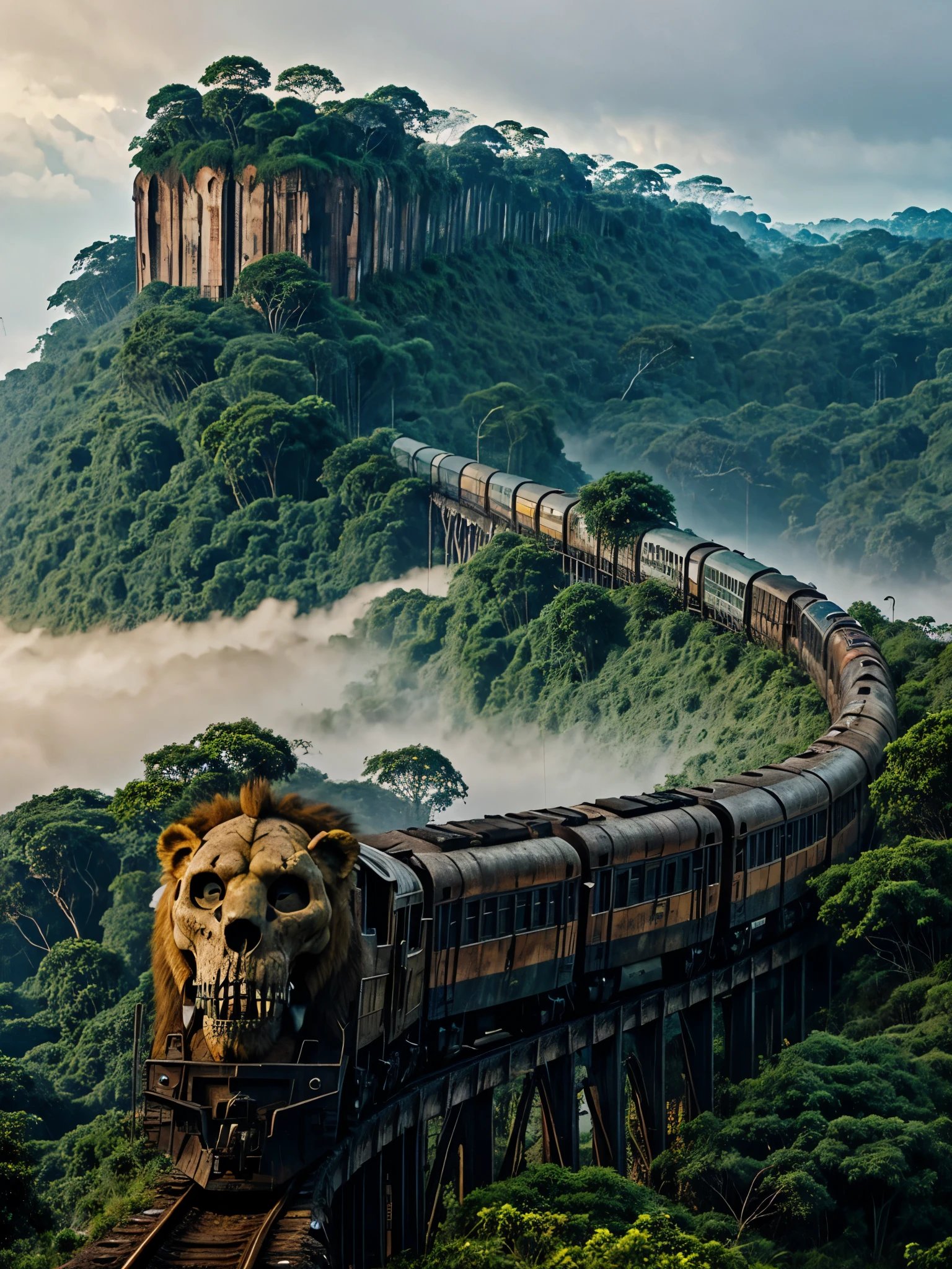 a rusty long train with a lion skull, in the amazon jungle, on the highest cliff, fog, details, hyperrealistic, 16k