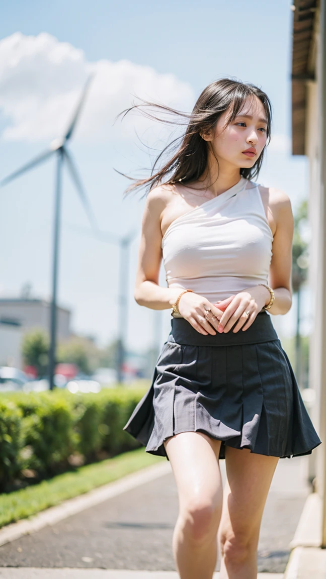(((Big Breasts:1.52)))、((Viewing angle from below、Highest quality、masterpiece、32k、Every detail))、Descend the outdoor stairs、commute、Systemic symptoms、Very tight camisole、Pleated skirt、(((A strong wind blows my hair and skirt away:1.62)))、((The shoulder strap of the bag is worn diagonally across the body.:1.4))、One Girl, alone、(((mini skirt, No underwear:1.22)))、Big Breasts、barefoot, High heels