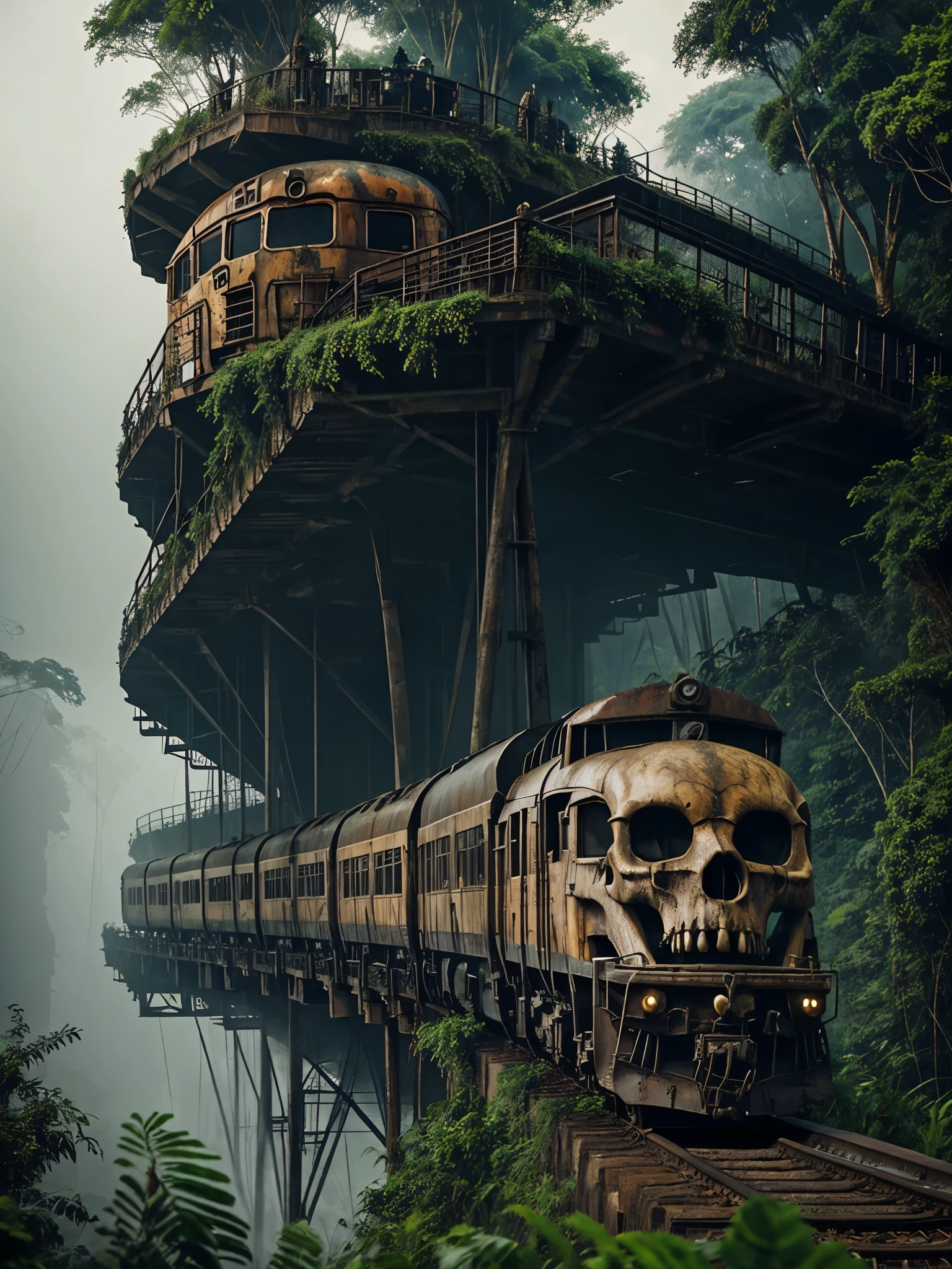 a rusty long train with a lion skull, in the amazon jungle, on the highest cliff, fog, details, hyperrealistic, 16k