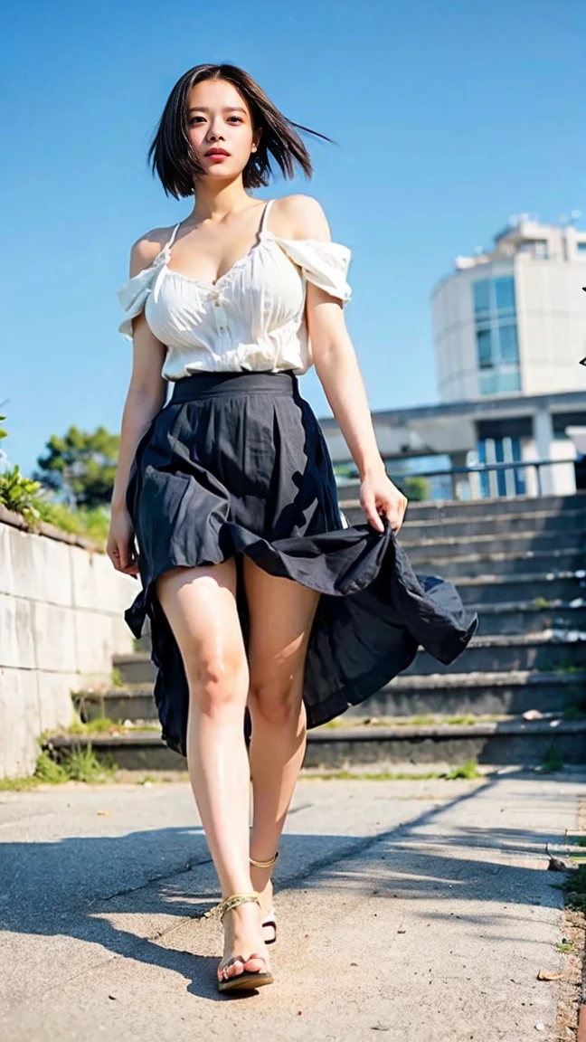 (((Big Breasts:1.52)))、((Viewing angle from below、Highest quality、masterpiece、32k、Every detail))、Descend the outdoor stairs、commute、Systemic symptoms、Very tight camisole、Pleated skirt、(((A strong wind blows my hair and skirt away:1.62)))、((The shoulder strap of the bag is worn diagonally across the body.:1.4))、One Girl, alone、(((mini skirt, No underwear:1.22)))、Big Breasts、barefoot, High heels
