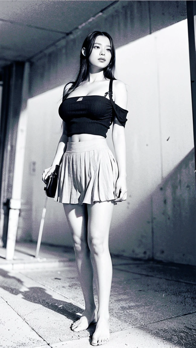 (((Big Breasts:1.52)))、((Viewing angle from below、Highest quality、masterpiece、32k、Every detail))、Descend the outdoor stairs、commute、Systemic symptoms、Very tight camisole、Pleated skirt、(((A strong wind blows my hair and skirt away:1.62)))、((The shoulder strap of the bag is worn diagonally across the body.:1.4))、One Girl, alone、(((mini skirt, No underwear:1.22)))、Big Breasts、barefoot, High heels
