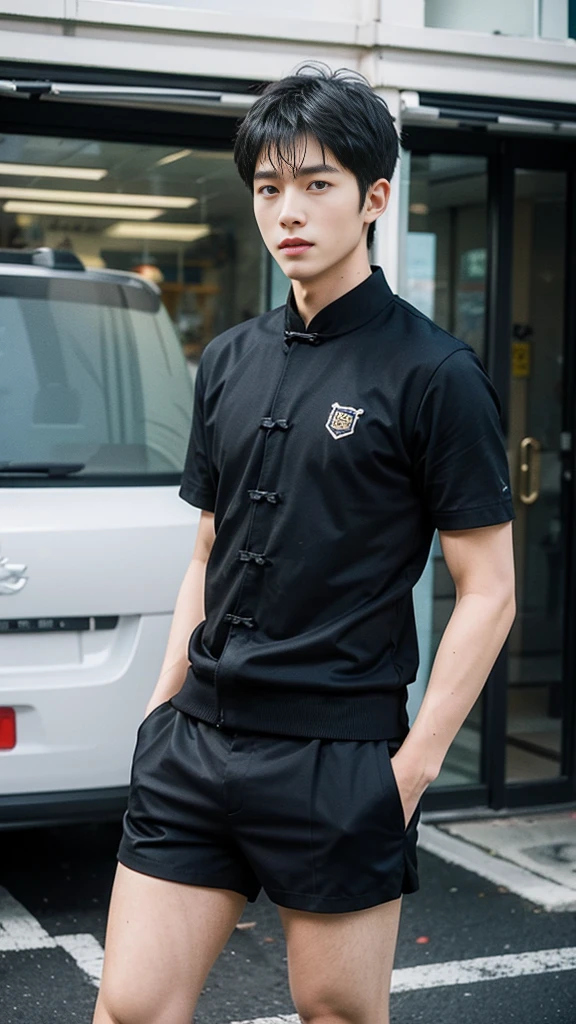(Handsome Chinese man:1.5)male student,Wear black shorts.,It's dark on the side of the road.,light rays hitting the body,eyes looking at the camera,The eyes are affectionate.,close-up photo of face Movie Highlights, Live-action movie scenes