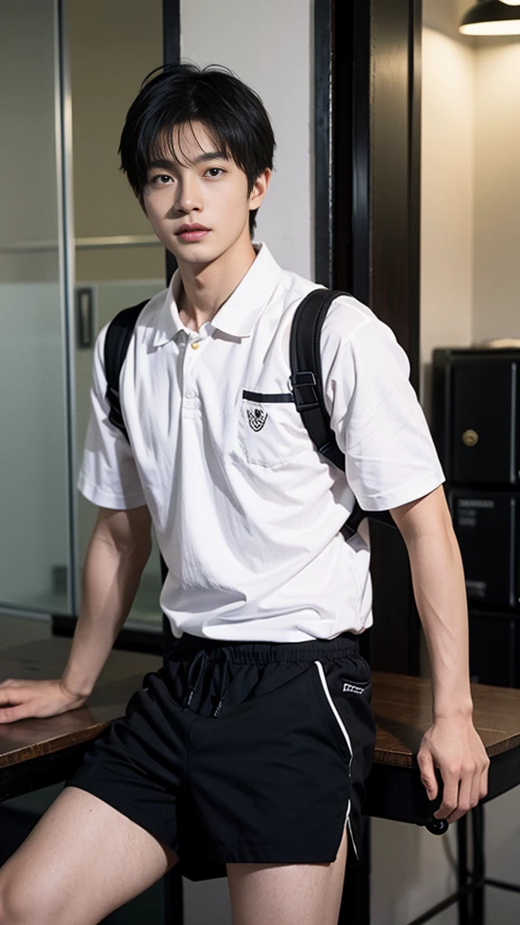 (Handsome Chinese man:1.5)male student,Wear black shorts.,It's dark on the side of the road.,light rays hitting the body,eyes looking at the camera,The eyes are affectionate.,close-up photo of face Movie Highlights, Live-action movie scenes