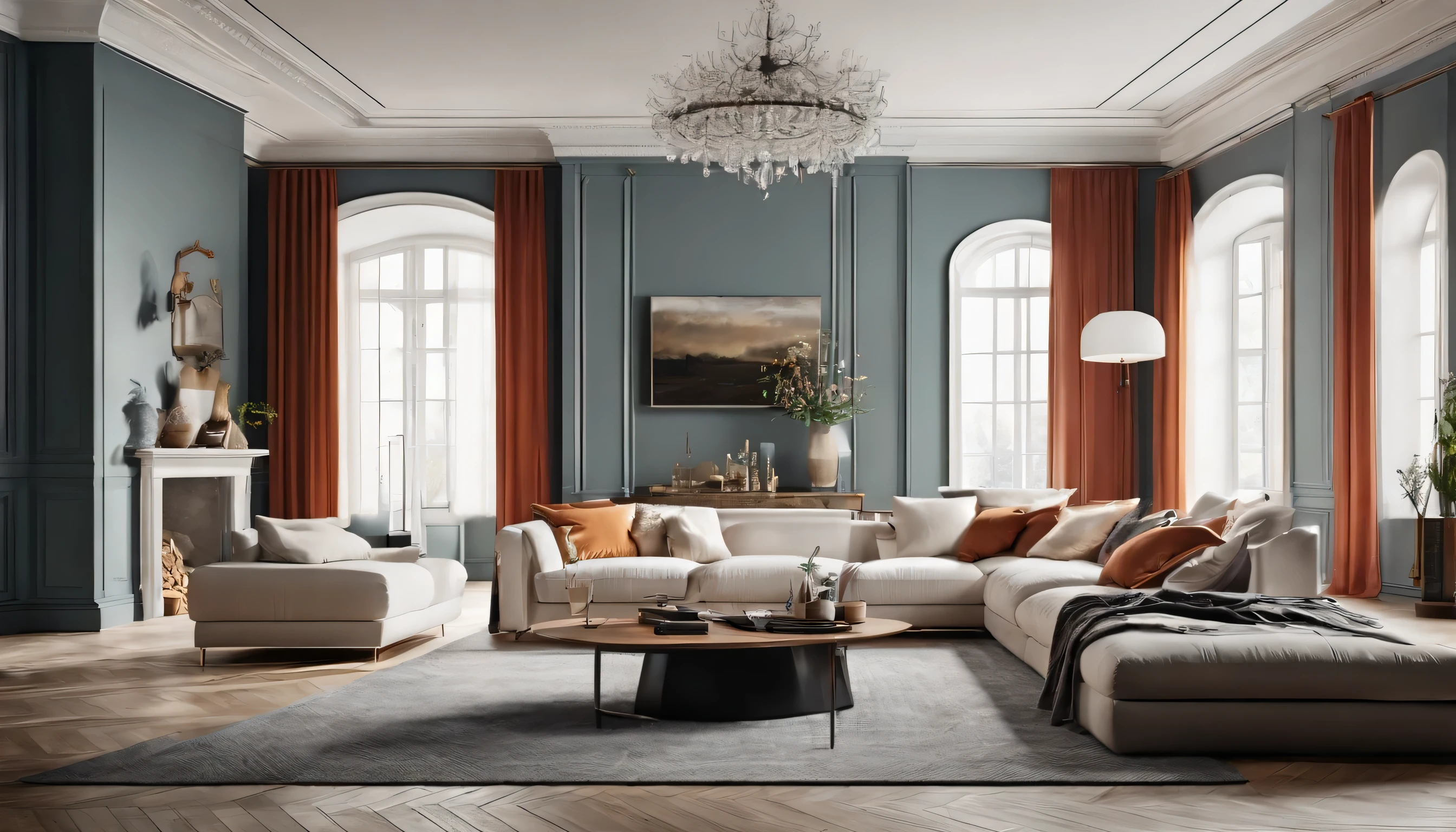 Bright living room interior with white empty wall ultra wide-shot, high res photograph
