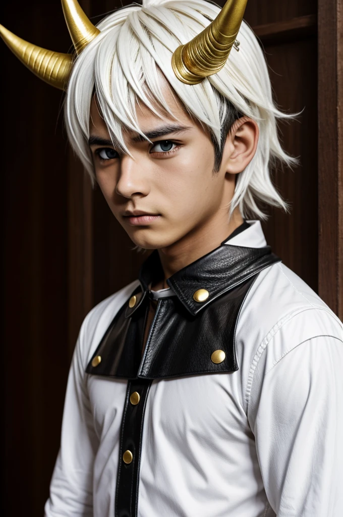 anime boy, Leather Color white, by rubio, Some small golden horns, BLACK LENSES, Black eyes and a shirt with stars
