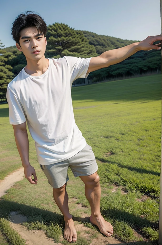 A young Asian man stands, handsome, muscular, looking at the camera. In a plain white t-shirt , Fieldside, grass, beach, sunlight
