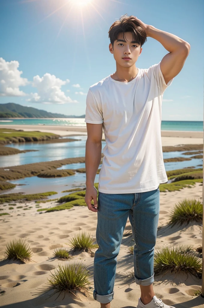 A young Asian man stands, handsome, muscular, looking at the camera. In a plain white t-shirt , Fieldside, grass, beach, sunlight