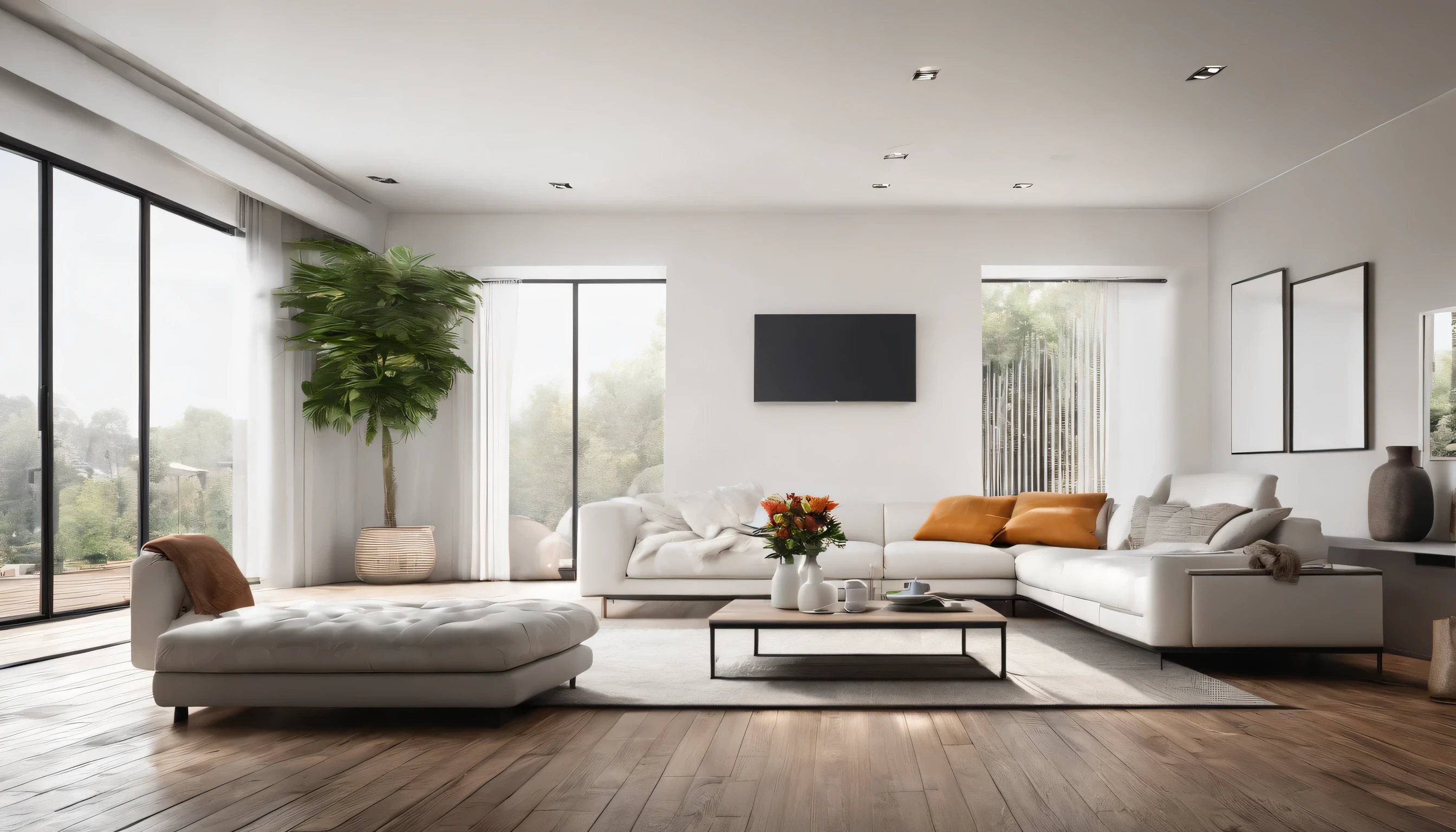 Bright living room interior with white empty wall ultra wide-shot, high res photograph
