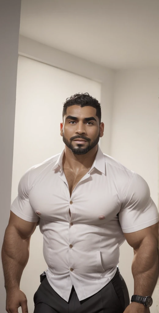 1boy, Egyptian, solo, facial hair,34 yrs old, dom, male focus, bara, muscular, mature male, muscular male, beard, short hair, thick eyebrows, brown-skinned male, thighs, fancy suit, dark skin, tie, tight white shirt, tight pants, open jacket, black police suit, police uniform, feet out of frame, thick thighs, looking at viewer, masterpiece, 4k, high quality, highres, absurdres,