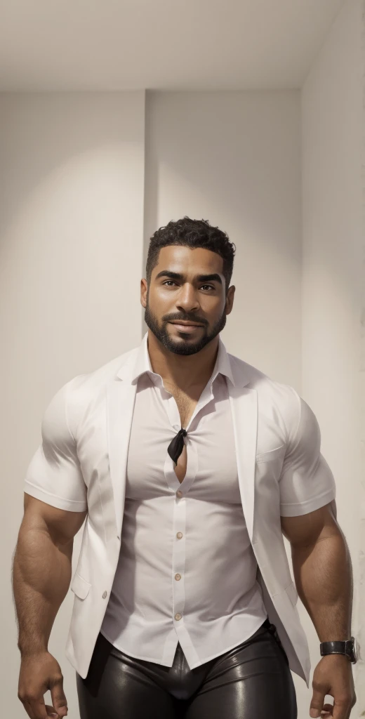 1boy, Egyptian, solo, facial hair,34 yrs old, dom, male focus, bara, muscular, mature male, muscular male, beard, short hair, thick eyebrows, brown-skinned male, thighs, fancy suit, dark skin, tie, tight white shirt, tight pants, open jacket, black police suit, police uniform, feet out of frame, thick thighs, looking at viewer, masterpiece, 4k, high quality, highres, absurdres,