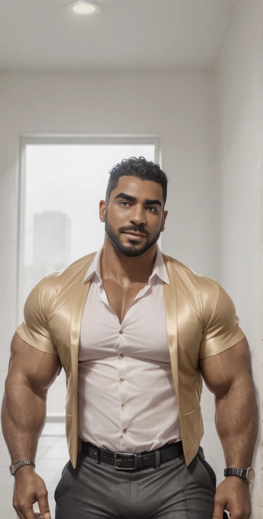 1boy, Egyptian, solo, facial hair,34 yrs old, dom, male focus, bara, muscular, mature male, muscular male, beard, short hair, thick eyebrows, brown-skinned male, thighs, fancy suit, dark skin, tie, tight white shirt, tight pants, open jacket, black police suit, police uniform, feet out of frame, thick thighs, looking at viewer, masterpiece, 4k, high quality, highres, absurdres,