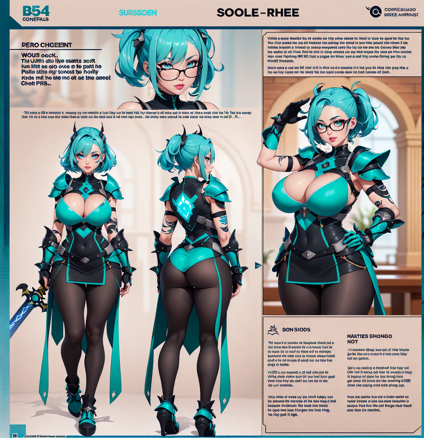 ((The concept character sheet of a strong, attractive, and hot alt lady wearing sexy biopunk armor)). Her face is oval, forehead is smooth and visibly rounded at the temples. jawline is softly defined, giving her a gentle and feminine appearance, ((sexy glowing alien armor, biopunk swords)), ((Masterpiece, Highest quality)), 8k, Detailed face (short hair faded and spiked, undercut hairstyle) (multicoloured hair) (green glowing eyes), light blue hair, pantyhose, stocking, Infographic drawing. Multiple sexy poses. tattoos, glasses, sexy biopunk skirt, sexy biopunk top