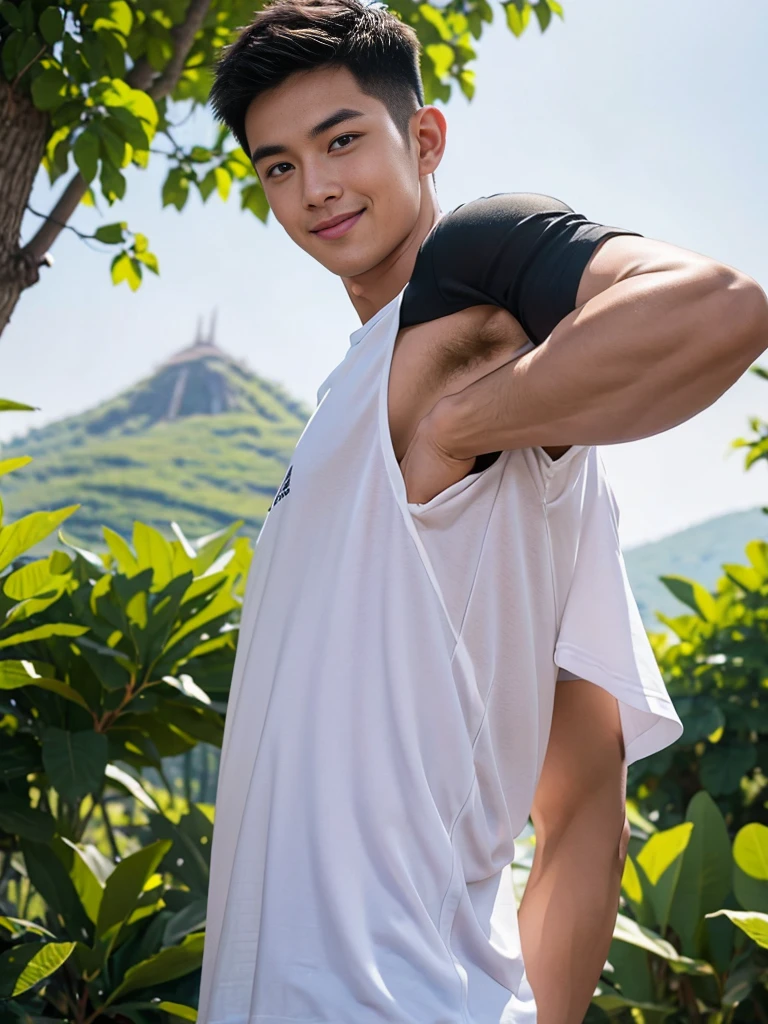 I am man slim body in black hair Korean Exercising in the fields In village realistic