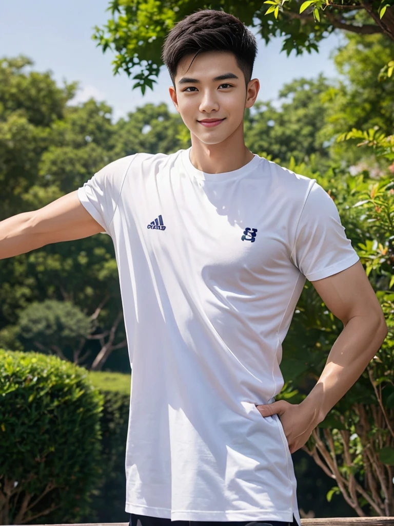 man , Raise your arms behind your back. , white t-shirt, black short hair , outdoor , cute smile , หน้าhandsomeแบบเกาหลีสมจริง , modest muscles , Masterpiece、High resolution、Surreal、detailed face、alone、man、Glowing skin、(Asia)、handsome、Detailed background