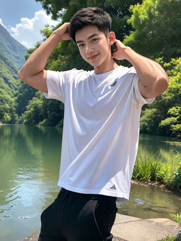 man , Raise your arms behind your back. , white t-shirt, black short hair , outdoor , cute smile , หน้าhandsomeแบบเกาหลีสมจริง , modest muscles , Masterpiece、High resolution、Surreal、detailed face、alone、man、Glowing skin、(Asia)、handsome、Detailed background