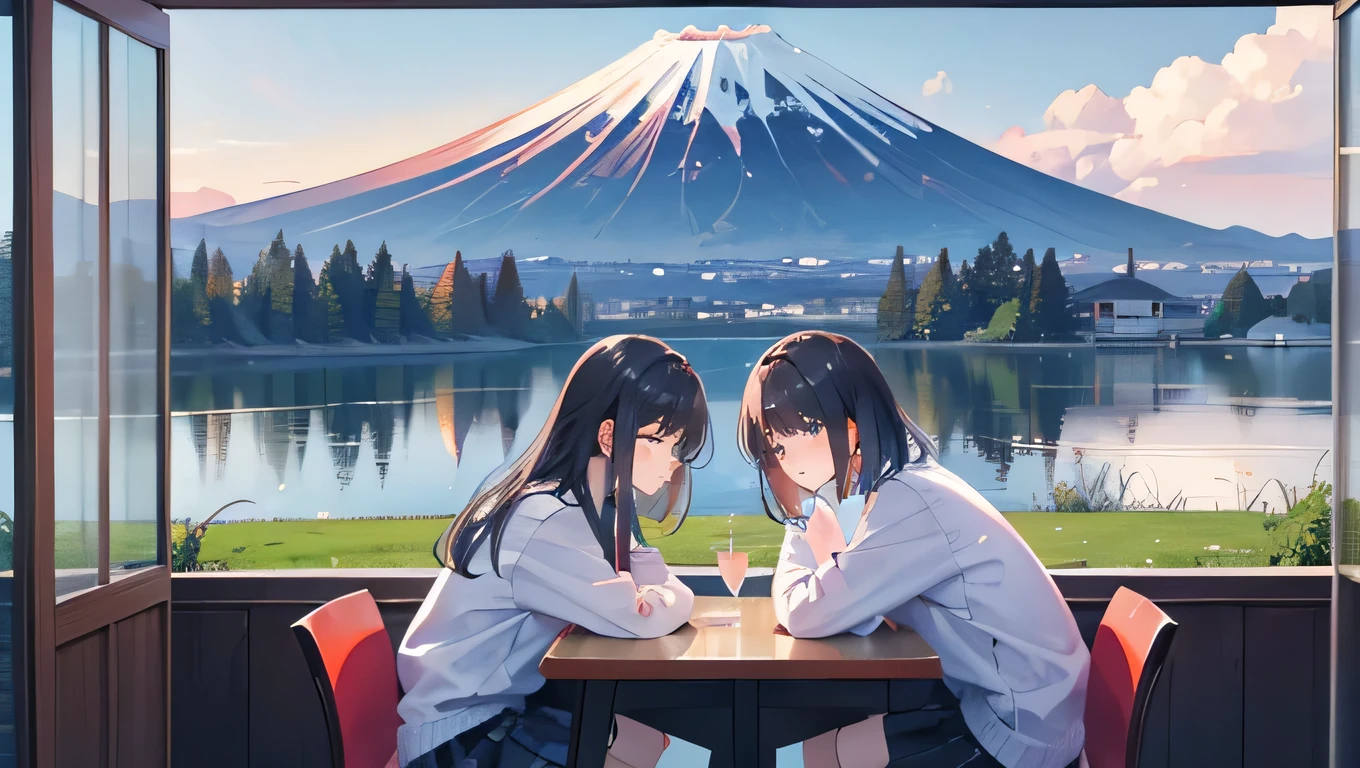 (master part), Clear sky and Mt. Fuji beyond the window, huge lake very nice, nature,after the rain, gram, beautiful sky, Blinding clouds, 4K, happy,happyness, soft, wallpaper,, hope, convoluted, BREAK the image transmit a hopeful feeling, Good feel, happy atmosphere, The beauty of small details, a visual master part, beautiful colors, uhd, high resolution,absurd, professional image, breathtaking,amazing, Two girls are sitting side by side at a table right in front of the screen., Leaning their heads against each other., Draw a character'look at him in detail, wear casual clothes,hold a book in one's hand