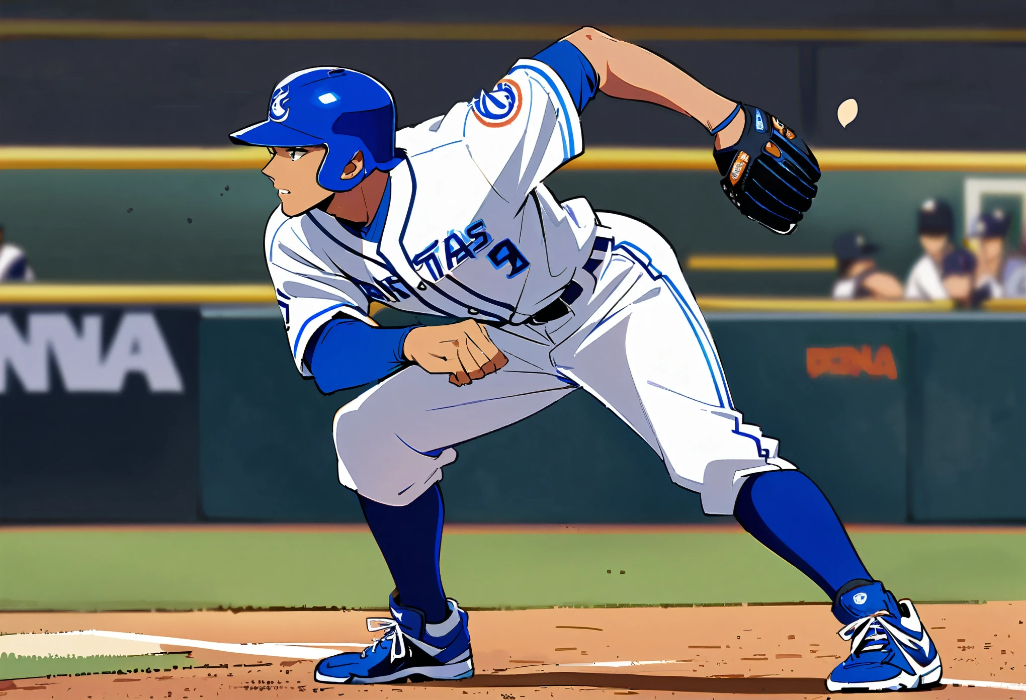 ((1 Male, Pro baseball player)), Yokohama DeNA Baystars, Blue and white baseball uniforms, Batter's swing, Detailed bat, Sharp Eyes, Accurate batting, The ball flies in an arc, Stadium frenzy, Back screen and scoreboard, Cheering squad in the audience, Lively atmosphere, Dynamic Angle, ((Realistic, Anime illustration)), (Highest quality:1.2, Very detailed, Ultra-high resolution, High Detail, masterpiece:1.2, Best aesthetics).