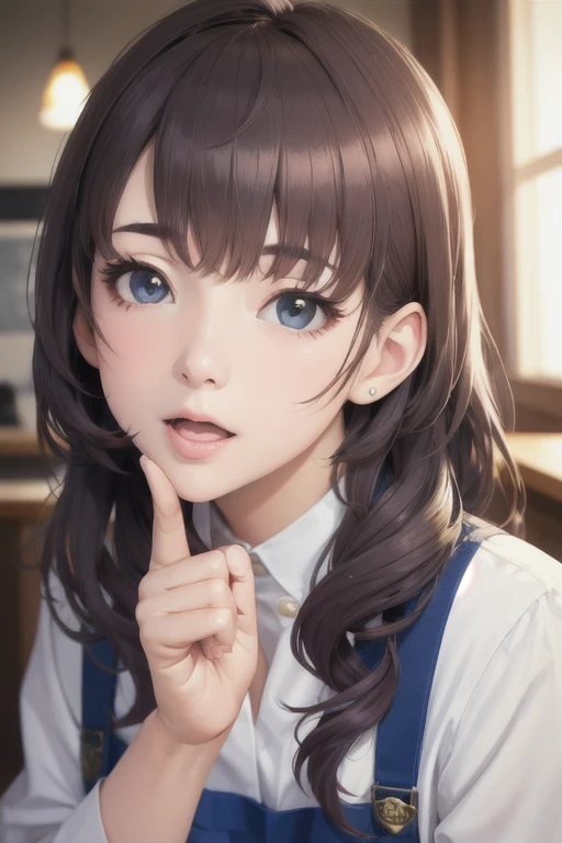 girl,Character design sheet,Beautiful attention to detail,Beautiful lip detail,Very detailed目と顔,Long eyelashes,Realistic,photoRealistic:1.37,Very detailed,Professional,Vibrant colors,Portraiture,Studio Lighting,Sharp focus,Physically Based Rendering,High resolution,超High resolution. blue eyes,Big eyes, Long Hair,Curly hair、Black Hair,Lower eyes,apron,White Shirt,Chino pants,Open your mouth a little,Coffee shop,stand,