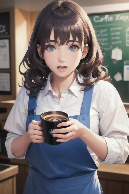 girl,Character design sheet,Beautiful attention to detail,Beautiful lip detail,Very detailed目と顔,Long eyelashes,Realistic,photoRealistic:1.37,Very detailed,Professional,Vibrant colors,Portraiture,Studio Lighting,Sharp focus,Physically Based Rendering,High resolution,超High resolution. blue eyes,Big eyes, Long Hair,Curly hair、Black Hair,Lower eyes,apron,White Shirt,Chino pants,Open your mouth a little,Coffee shop,stand,