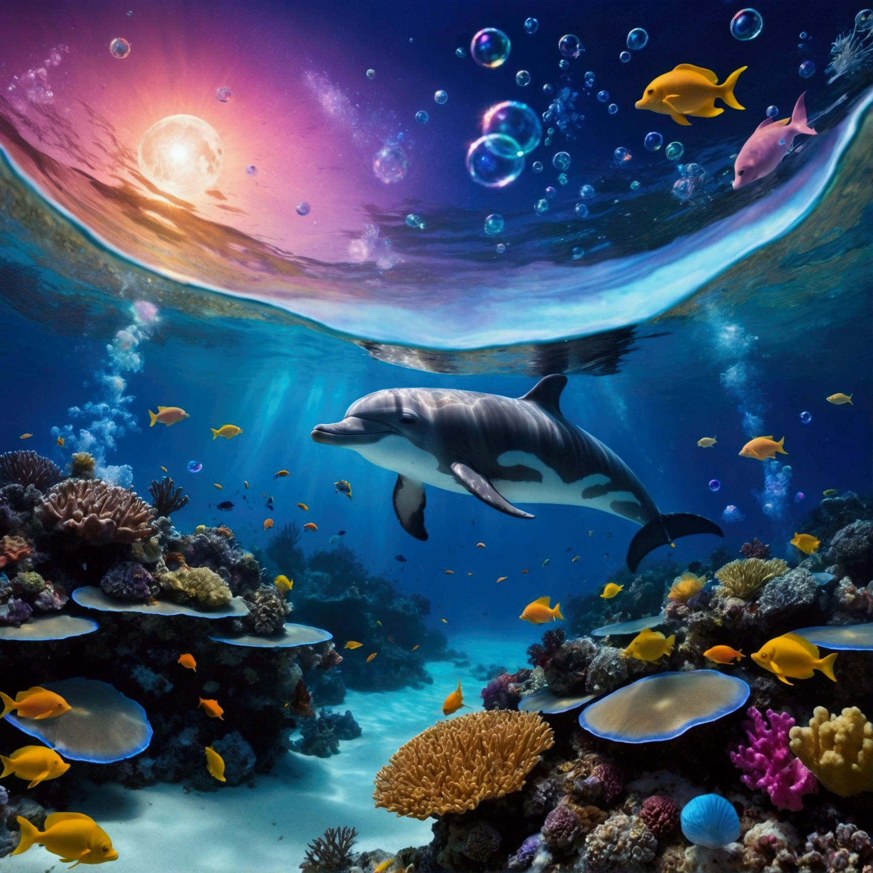 Ethereal Ocean and Cosmic Connection Foreground: A diver gracefully swims through a vibrant coral reef, surrounded by colorful tropical fish and pulsating corals. Bioluminescent creatures dance around her, leaving trails of light. Midground: Floating orbs of bioluminescence emit a soft blue glow, casting mystical reflections on the water. Background (Underwater): As the scene transitions towards the surface, the water gradually blends with the cosmos. A breaking wave reveals a giant human eye within its swirling crests, symbolizing divine observation. Above the Water: A dolphin leaps gracefully above the wave, leaving a trail of stardust. Ethereal bubbles reflecting the cosmic sky float around the scene. Sky: The sky is a mesmerizing blend of blue, violet, and golden hues, with a luminous moon that seems both close and distant. The entire scene is enveloped in a shimmering mist, giving it an ethereal quality.