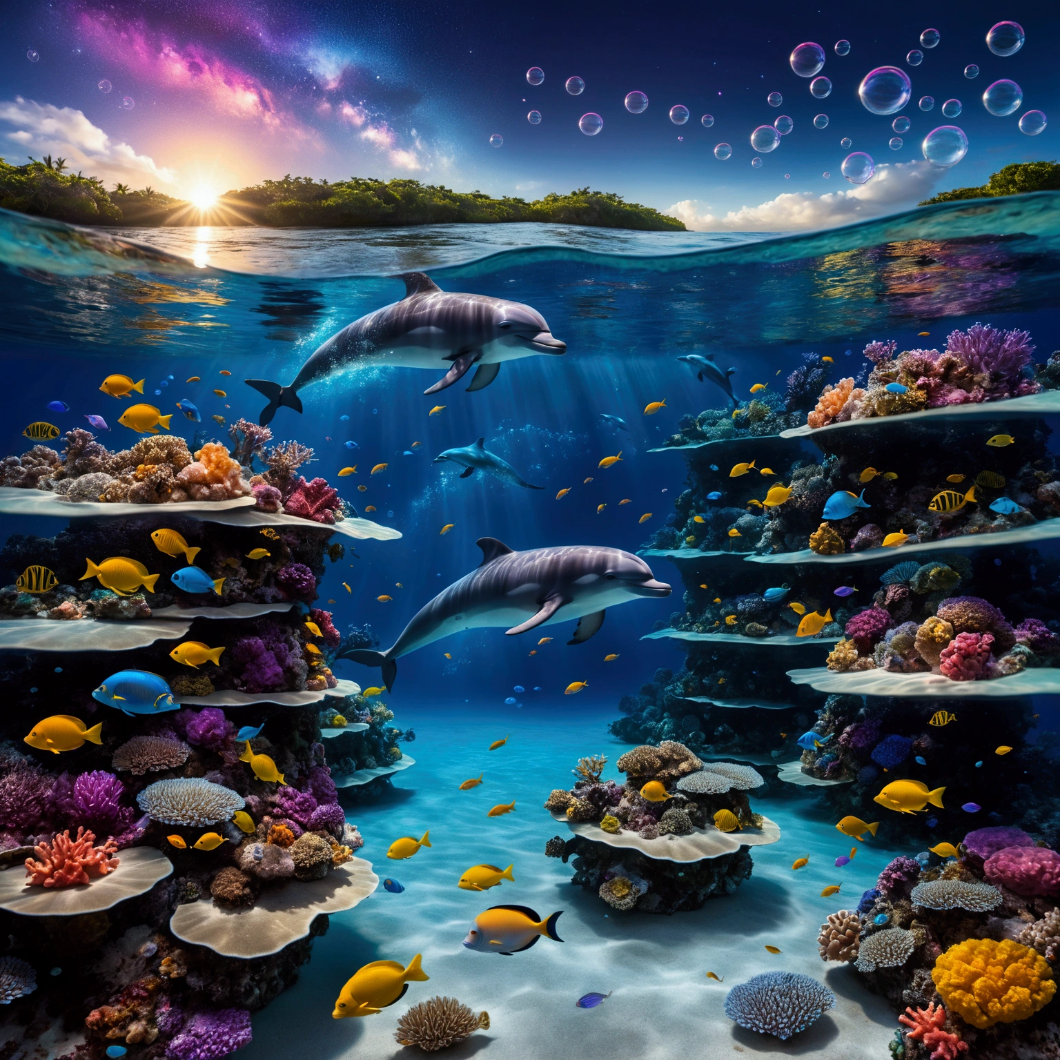 Ethereal Ocean and Cosmic Connection Foreground: A diver gracefully swims through a vibrant coral reef, surrounded by colorful tropical fish and pulsating corals. Bioluminescent creatures dance around her, leaving trails of light. Midground: Floating orbs of bioluminescence emit a soft blue glow, casting mystical reflections on the water. Background (Underwater): As the scene transitions towards the surface, the water gradually blends with the cosmos. A breaking wave reveals a giant human eye within its swirling crests, symbolizing divine observation. Above the Water: A dolphin leaps gracefully above the wave, leaving a trail of stardust. Ethereal bubbles reflecting the cosmic sky float around the scene. Sky: The sky is a mesmerizing blend of blue, violet, and golden hues, with a luminous moon that seems both close and distant. The entire scene is enveloped in a shimmering mist, giving it an ethereal quality.
