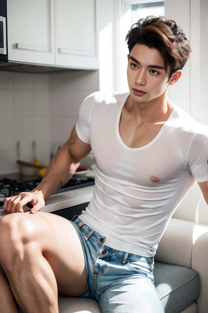 Muscular Asian guy , Wear only white shirts, jeans., A muscular young man., beautiful young male model, Comfortable pose, Portrait of a 25 year old boy, Casual, realistic photography in the kitchen