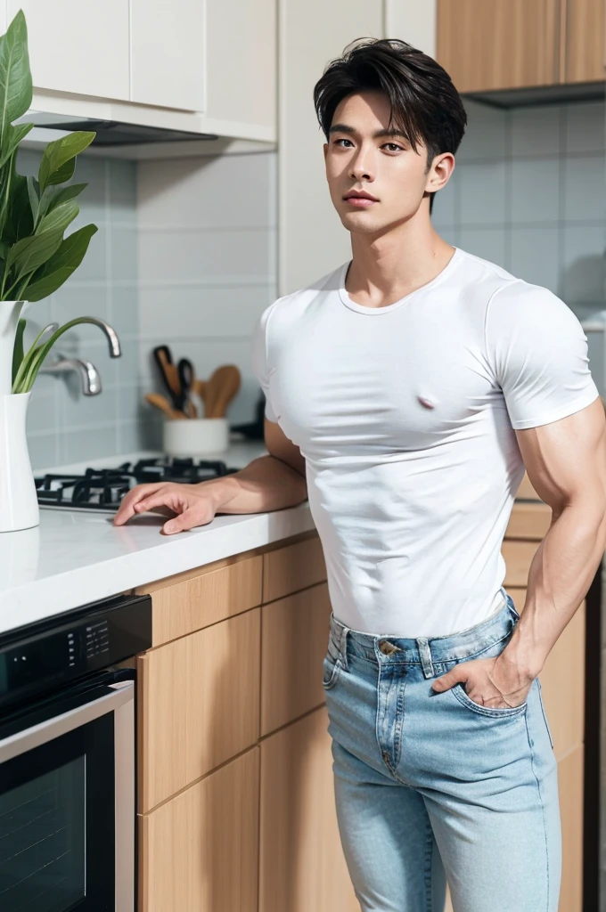 Muscular Asian guy , Wear only white shirts, jeans., A muscular young man., beautiful young male model, Comfortable pose, Portrait of a 25 year old boy, Casual, realistic photography in the kitchen