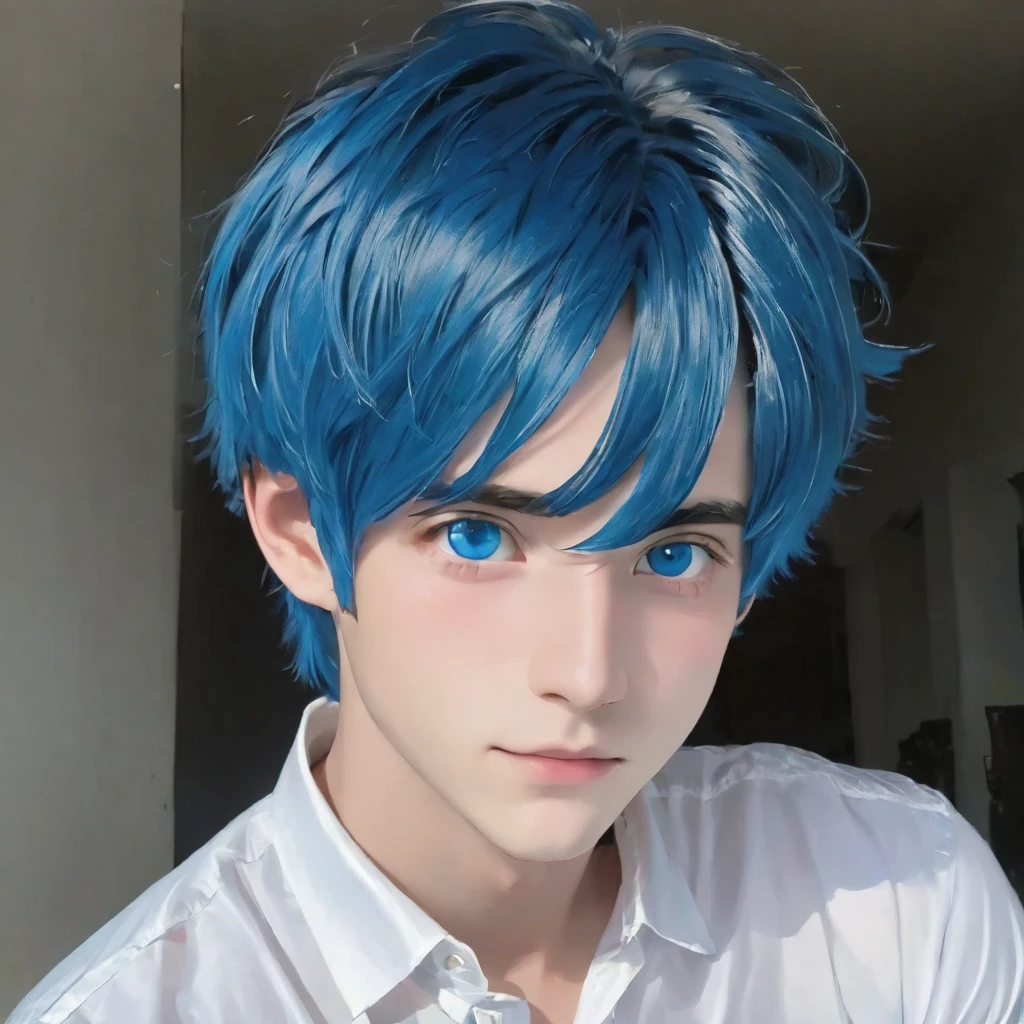 best quality, masterpiece, solo, 1boy, blue hair, white shirt,  blue eyes, black beckground, full faces
