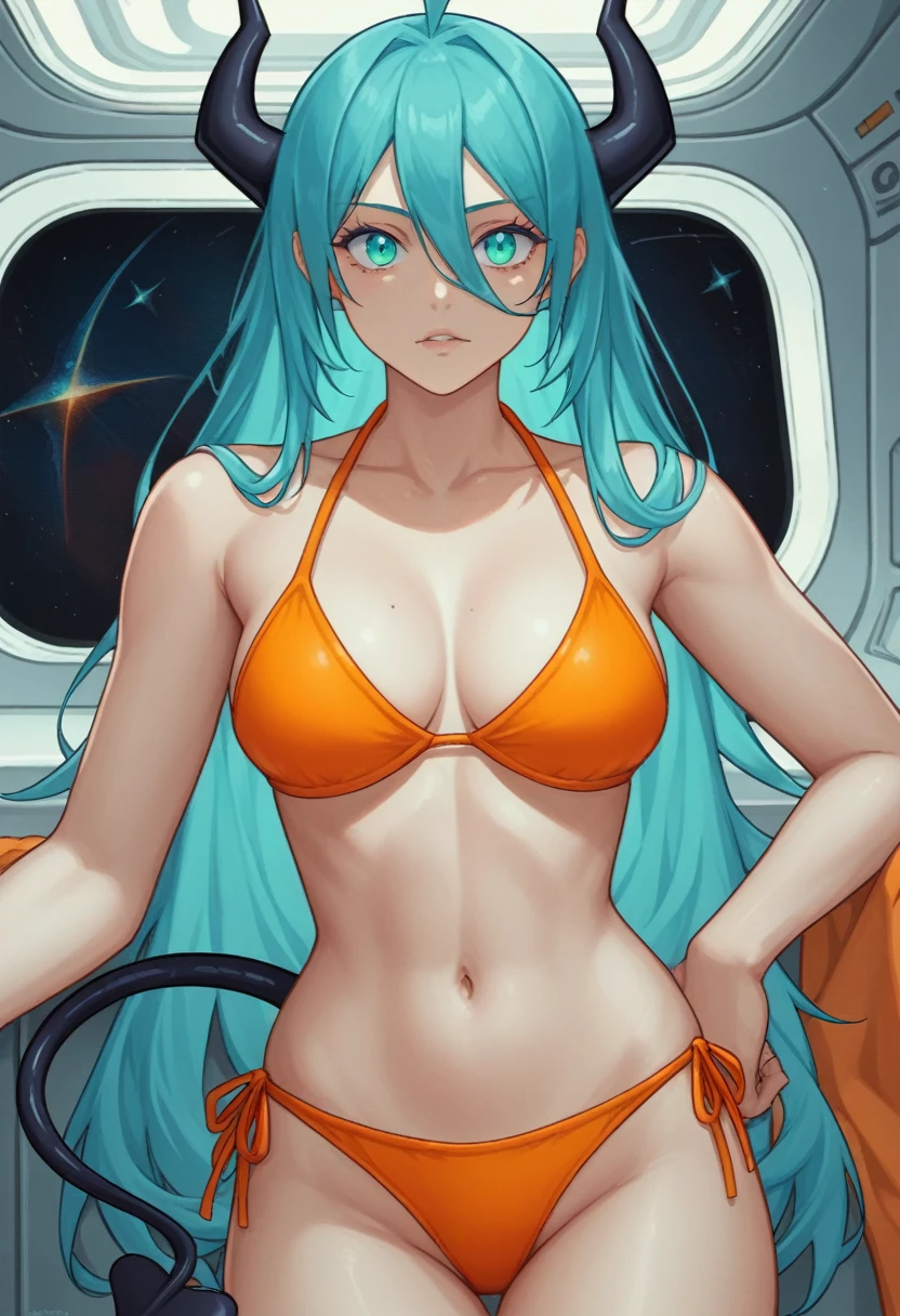 score_9, score_8_up, score_7_up,1 daemon woman, black horns, black demon tail, (aquamarine hair),aquamarine green color hair,ahoge, long hair, (long hair),bangs, light orange bikini, bikini is orange, bikini orange, orange bikini!, (aquamarine eyes), background is spaceship, aquamarine eyes, 1woman ,facing viewer, daemon girl, close up,Well-endowed, alone, Spacecraft interior, sexy pose