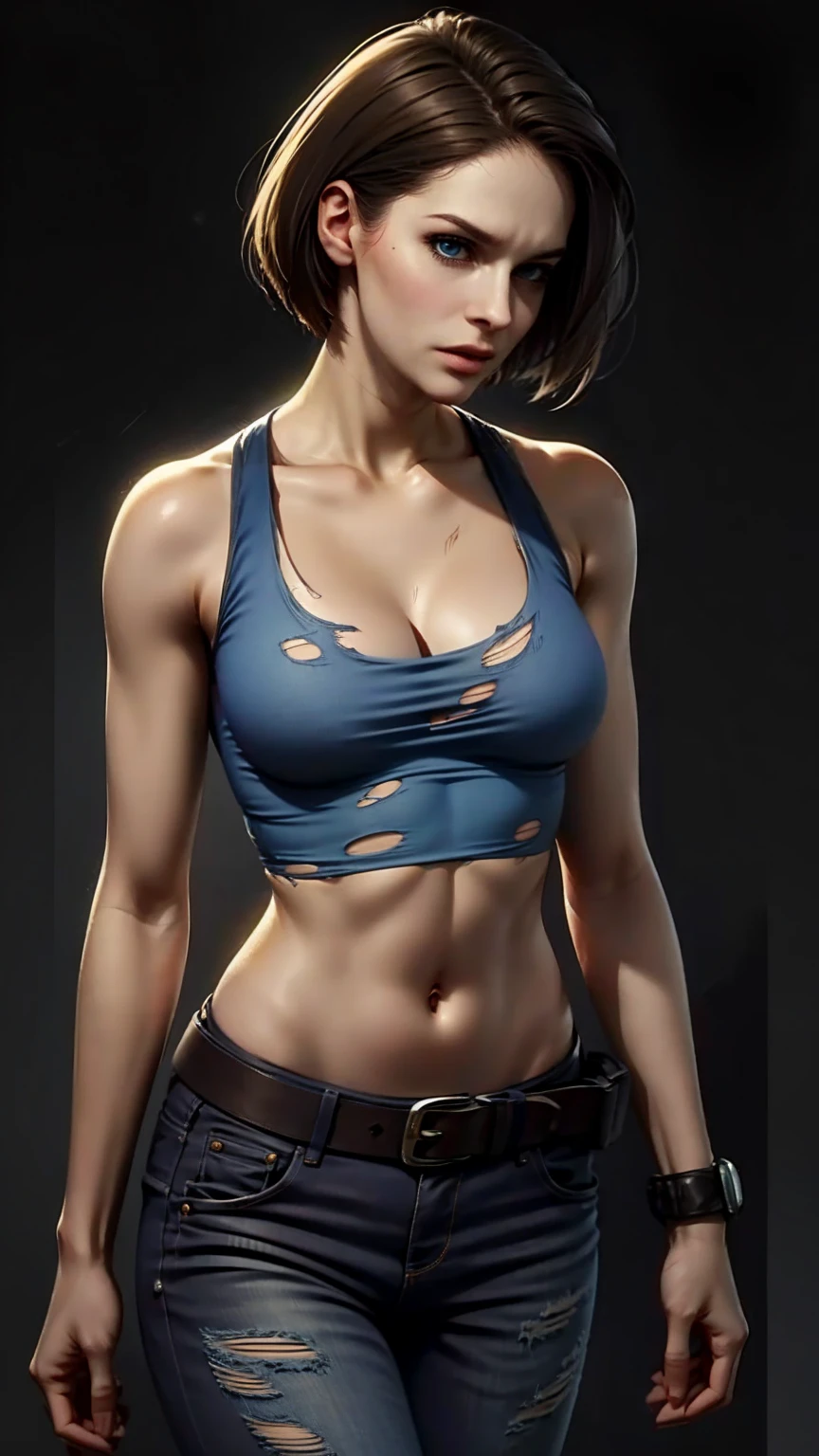 JillValentine, (torn tank top:1.2), small breast, jeans, belt, ((wipe hips)), (masterpiece, best quality:1.2), (simple dark background:1.5)
