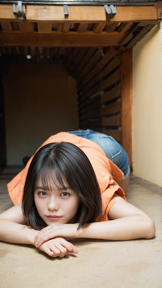 (((Highest quality,Very detailed,masterpiece,Very detailed))) ,(((crawl:1.5))),((Bend your knees)),Loose breasts,See-through,camisole,one piece,barefoot,One Girl,Realistic,Bedroom、Looks sleepy