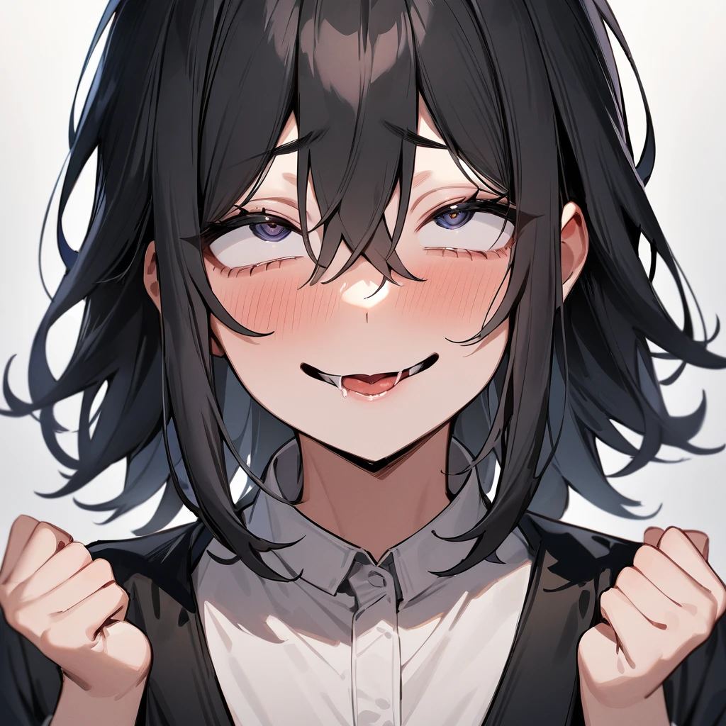 nsfw,portrait,1 girl,black hair,Androgynous,medium hair,sidelocks,Covered,masterpiece,best quality,very aesthetic,absurdres,upper body,straight-on,large,Covered,Smile,(upturned_eyes:1.2),From above,hands up, Ahegao