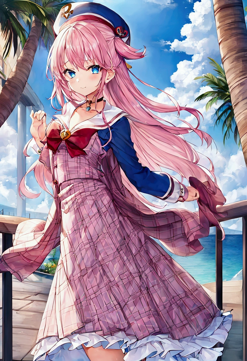 1 girl, pink hair, blue eyes, sailor , big chest, front view, look of satisfaction 