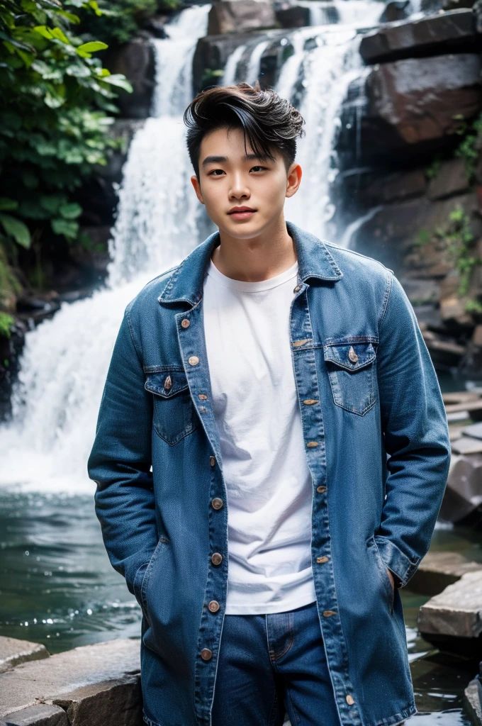 ((realistic daylight)) , Young Korean man in only a white t-shirt, no pattern. (Denim coat) Jeans, A handsome, muscular young Asian man looks at the camera. In a simple t-shirt blue and red , By the waterfall ,turn sideways