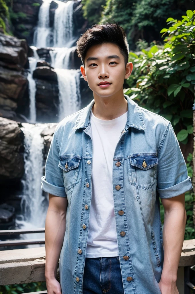 ((realistic daylight)) , Young Korean man in only a white t-shirt, no pattern. (Denim coat)  Jeans, A handsome, muscular young Asian man looks at the camera. In a simple t-shirt blue and red , By the waterfall ,turn sideways