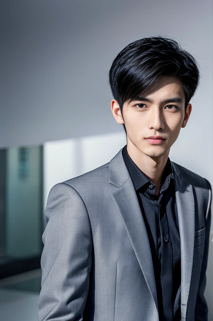 Generate an ultra realistic image of a handsome 20-year-old Chinese man, slim, slim, ectomomhe, asymmetrical face, new, CEO, passionate, serious and extremely cold countenance, CEO clothes, short black hair, face of a 20-year-old man