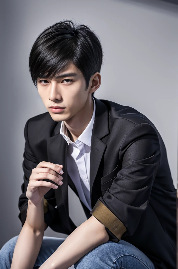 Generate an ultra realistic image of a handsome 20-year-old Chinese man, slim, slim, ectomomhe, asymmetrical face, new, CEO, passionate, serious and extremely cold countenance, CEO clothes, short black hair, face of a 20-year-old man