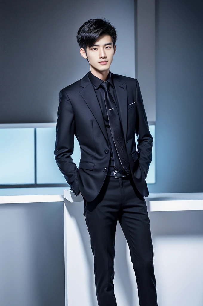 Generate an ultra realistic image of a handsome 20-year-old Chinese man, slim, slim, ectomomhe, asymmetrical face, new, CEO, passionate, serious and extremely cold countenance, CEO clothes, short black hair, face of a 20-year-old man